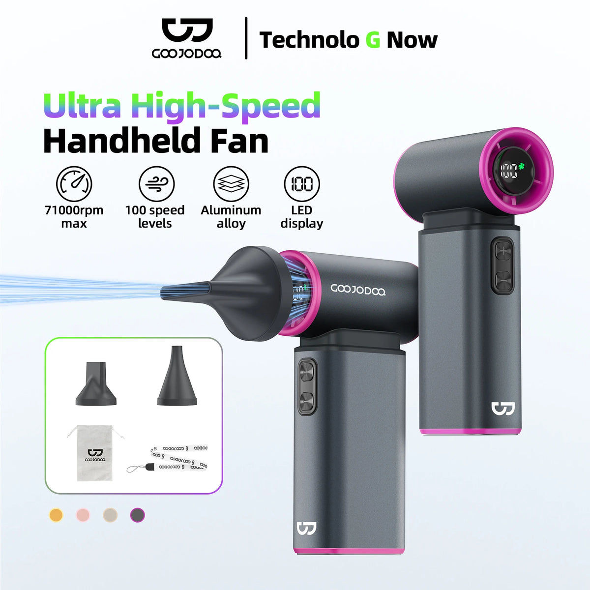 Ultra high-speed handheld fan with features listed on a white background