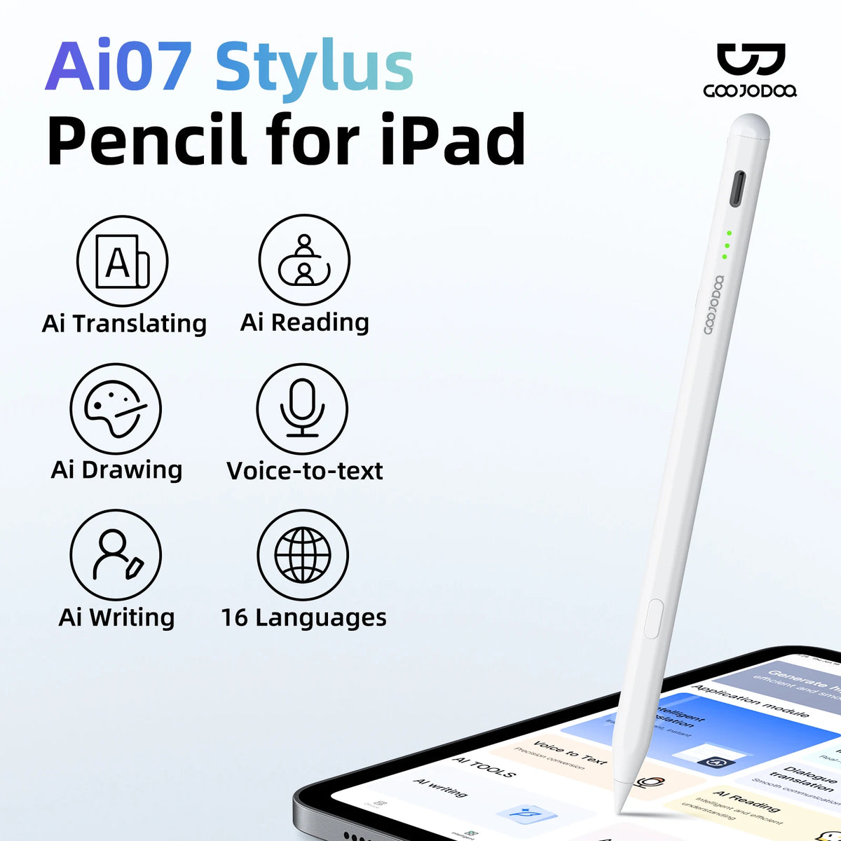 Goojodoq Ai07 Stylus Pencil for iPad with features listed on a white background