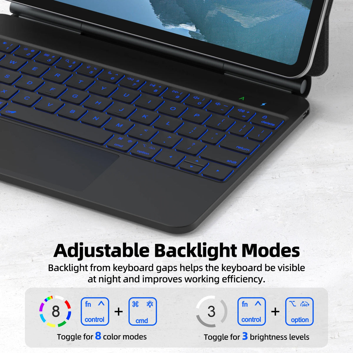 Keyboard case with adjustable backlight modes for a tablet on a white background