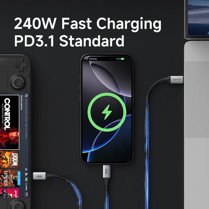 Smartphone with charging cable on a dark background, featuring text about fast charging and PD3.1 standard.