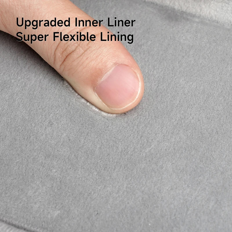 Finger pressing on a gray material with text 'Upgraded Inner Liner Super Flexible Lining'.