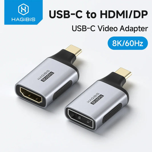USB-C to HDMI/DP adapter with Hagibis branding on a white background
