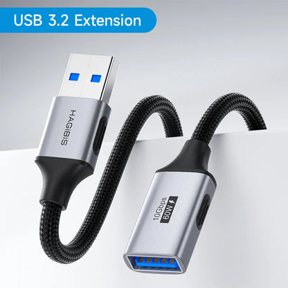 USB 3.2 extension cable with braided design on a white background