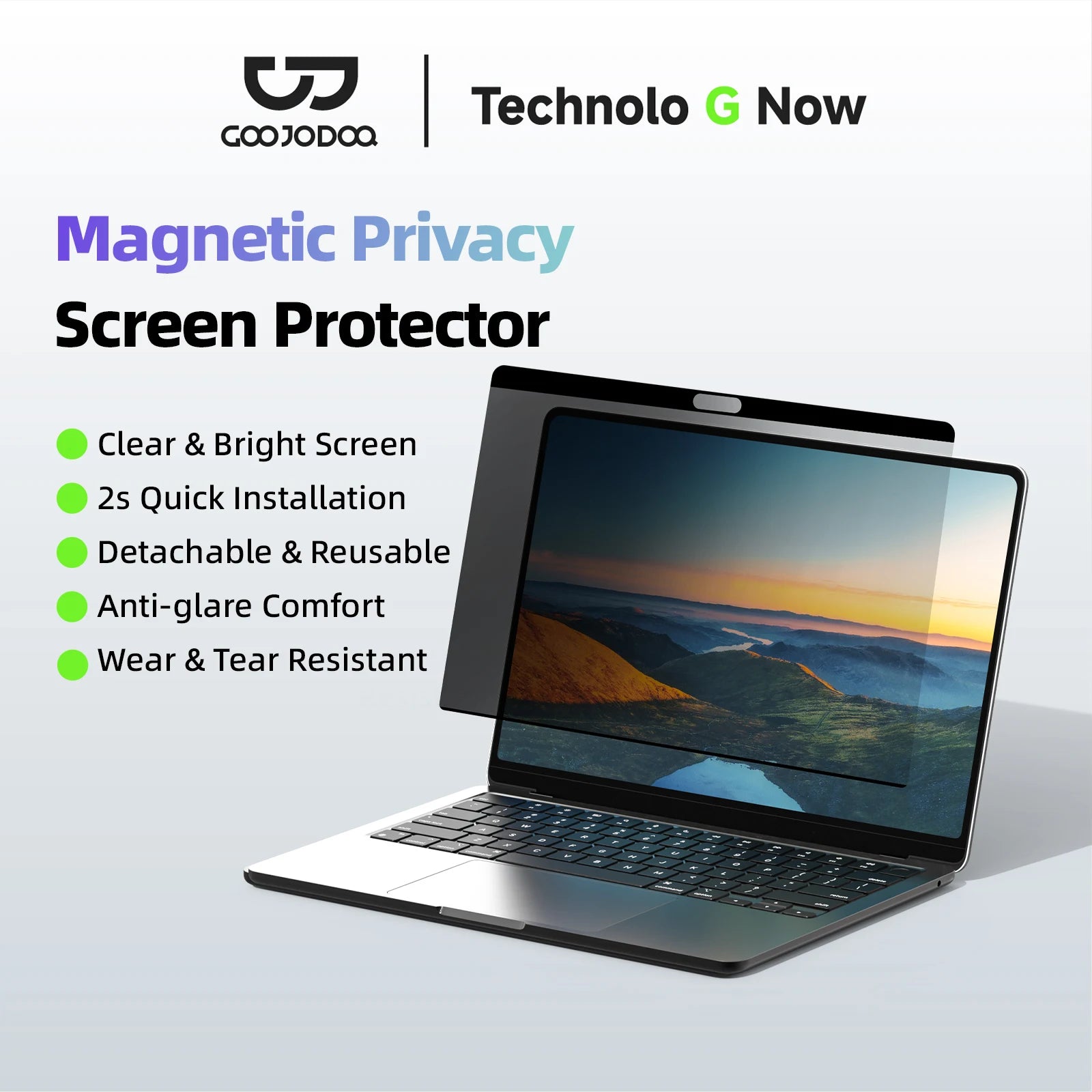 Laptop with a magnetic privacy screen protector on a light gray background, featuring Cojoda and Technolo G Now branding.