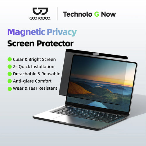 Laptop with a magnetic privacy screen protector on a light gray background, featuring Cojoda and Technolo G Now branding.