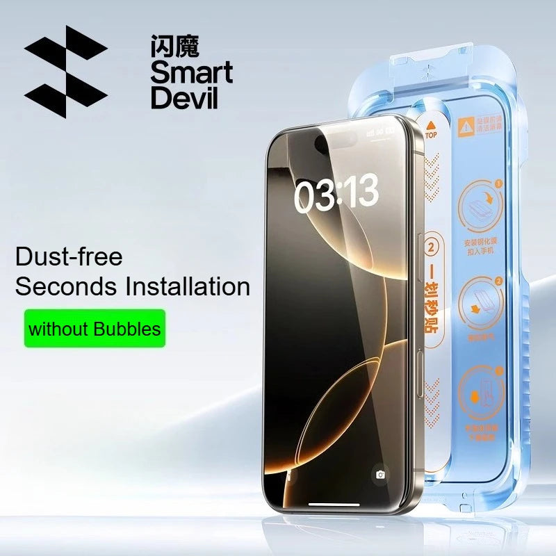Smart phone screen protector with installation tool and 'Smart Devil' branding on a light gray background
