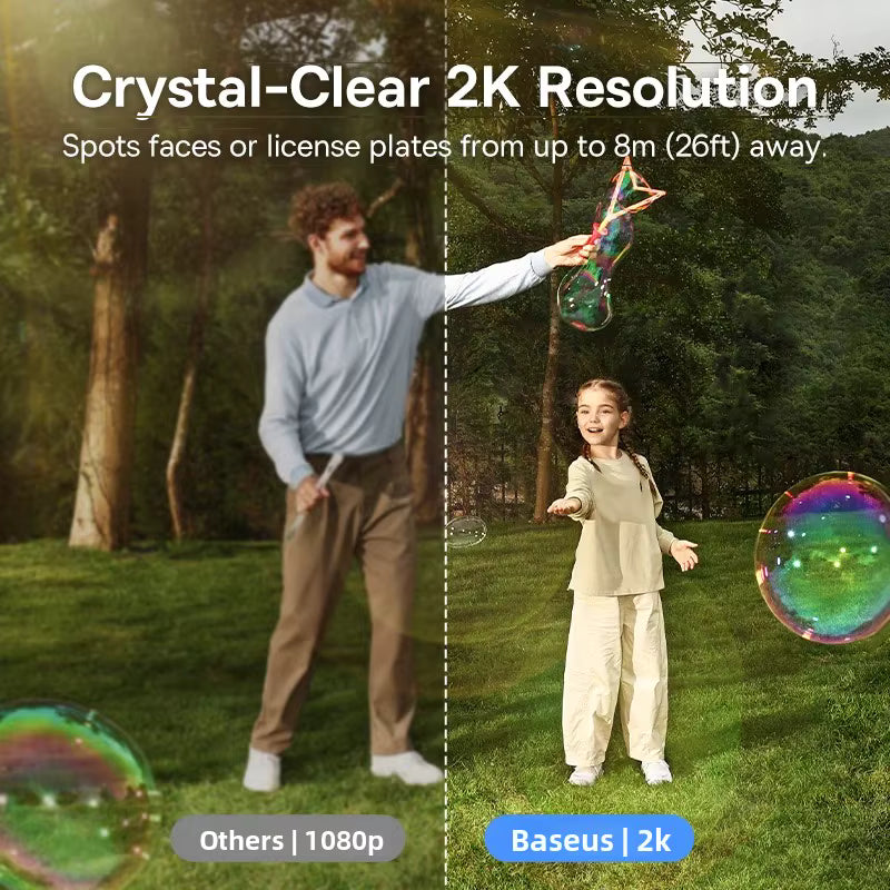 Two people outdoors with bubbles, one labeled 'Others 1080p' and the other 'Baseus 2k', highlighting crystal-clear 2K resolution.