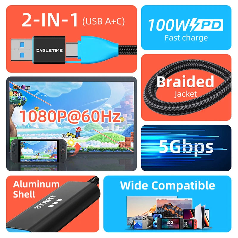 CABLETIME 2-in-1 USB-C Video Capture Cable 1080P 60Hz 100W PD