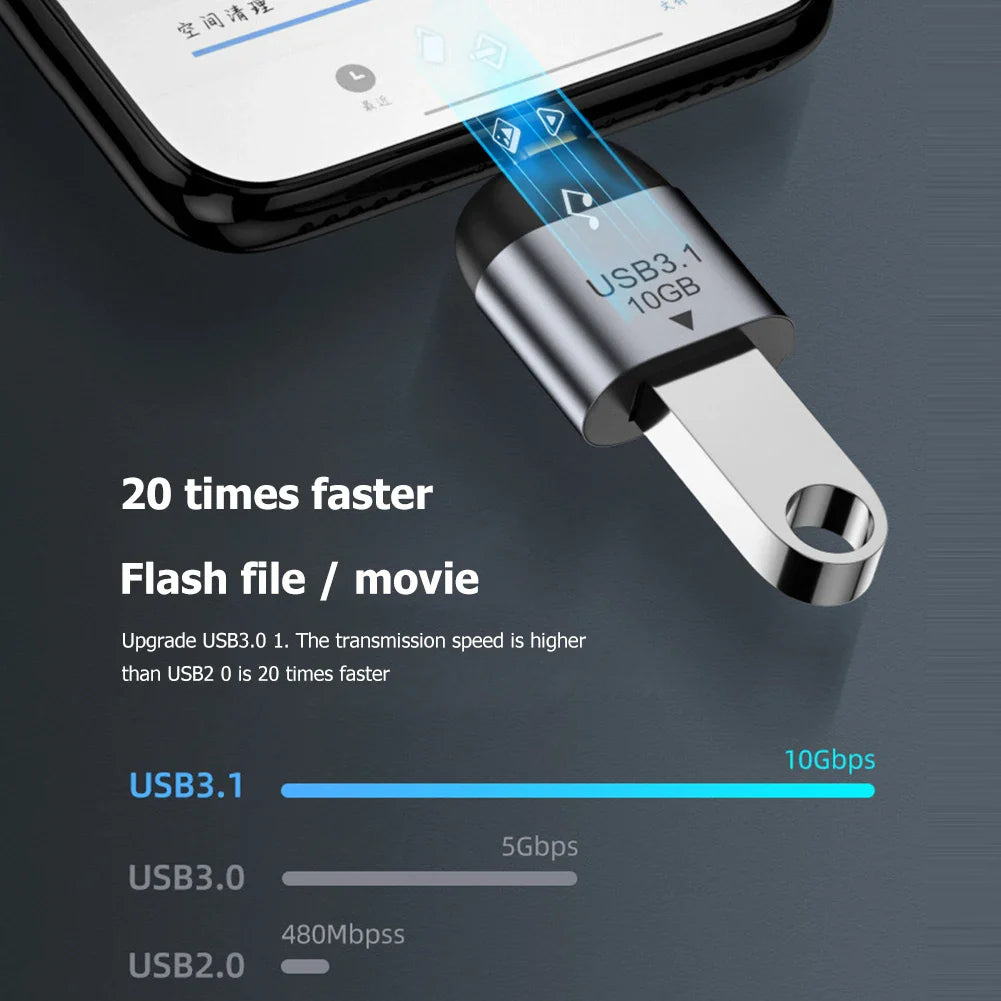 USB 3.1 flash drive with smartphone displaying speed comparison on a dark background