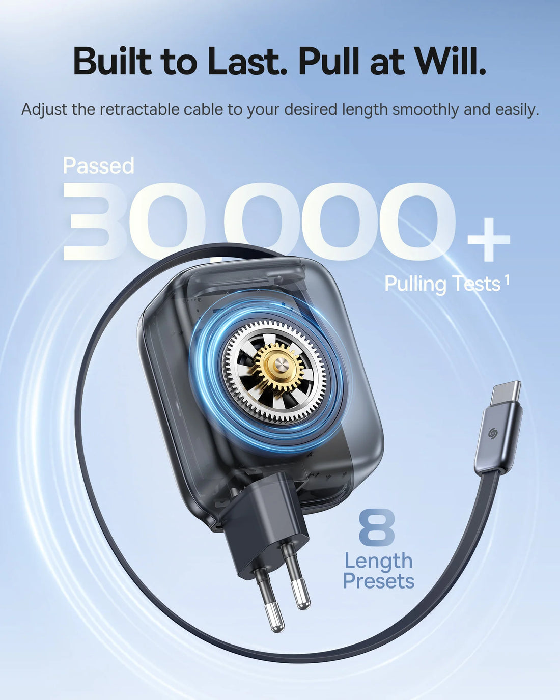 Retractable cable with gear mechanism on a light blue background, featuring text about durability and features.