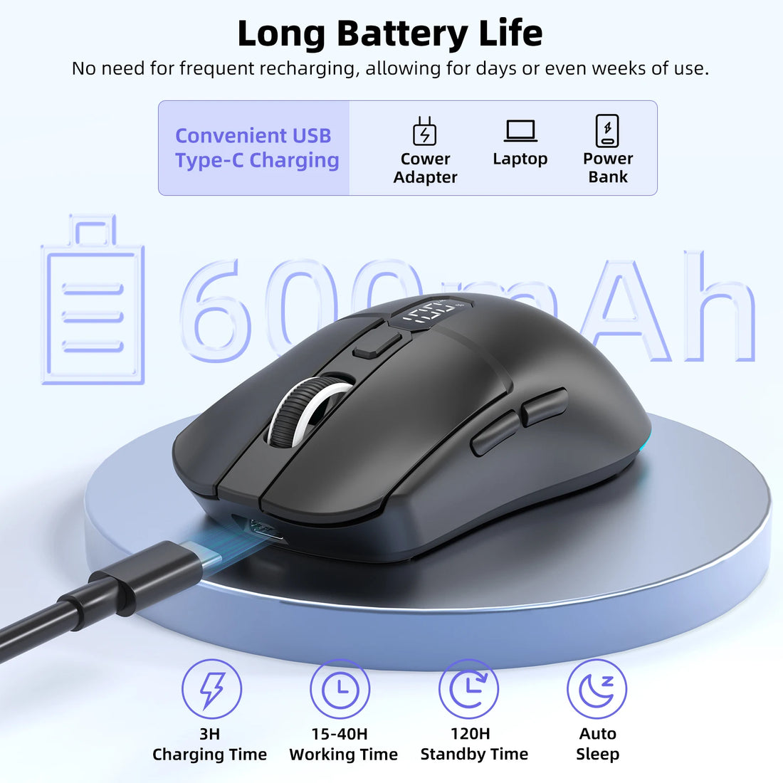 Gaming mouse with charging pad and battery life information on a white background