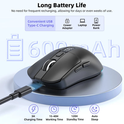 Gaming mouse with charging pad and battery life information on a white background