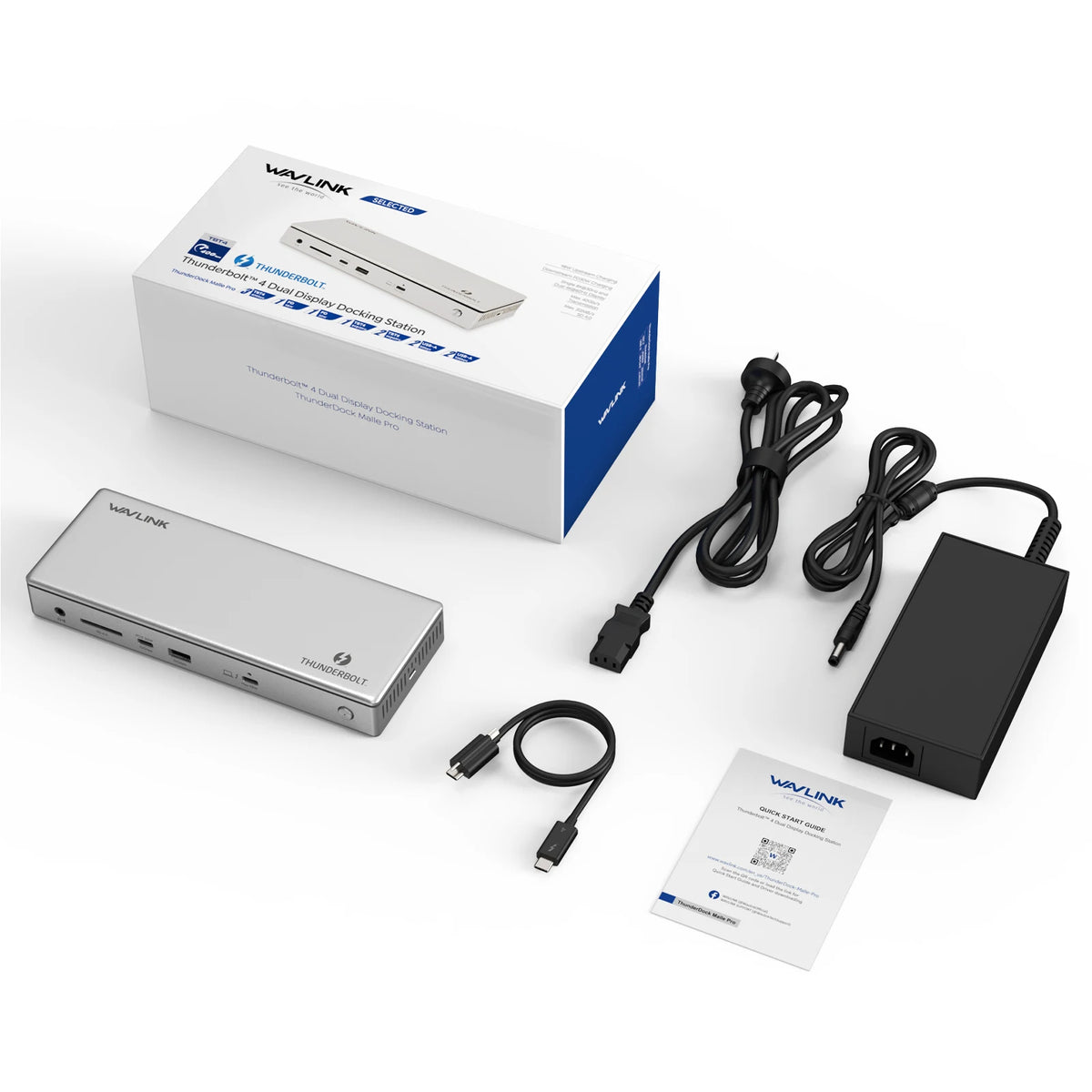 Wavlink USB-C hub with power adapter, cables, and packaging on a white background