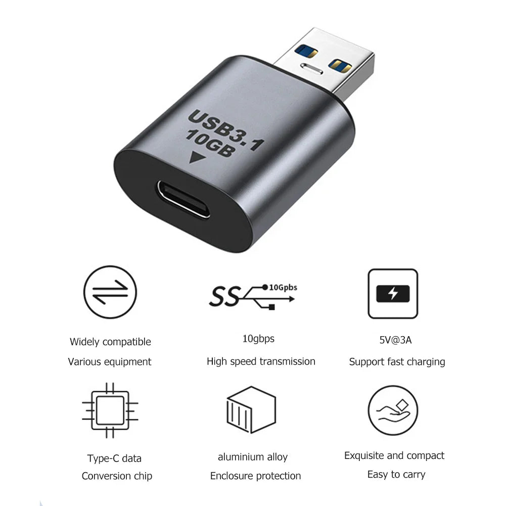 USB 3.1 to Type-C adapter with features listed on a white background