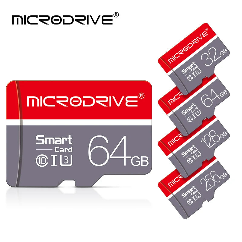 Microdrive memory cards in various capacities on a white background