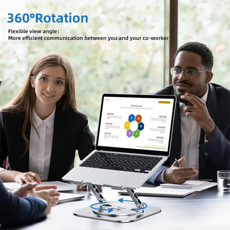 Two professionals in a meeting with a laptop on a rotating stand, emphasizing flexible view angle.
