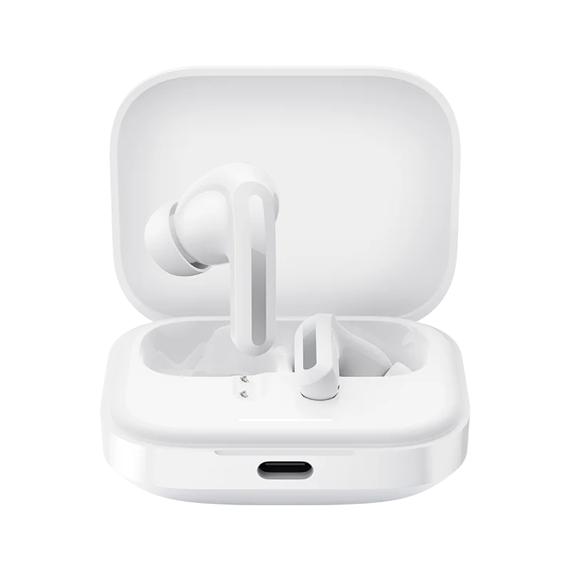 White wireless earbuds in a charging case on a white background