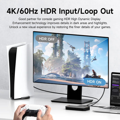 Gaming setup with monitor displaying HDR effect, controller, and laptop on a white background.