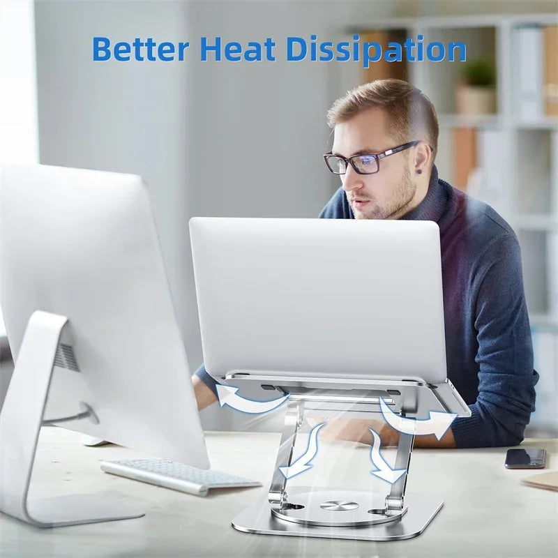 Person using a laptop with text 'Better Heat Dissipation' in an office setting