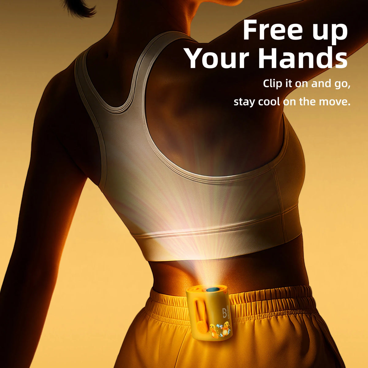 Person wearing a sports bra and yellow shorts with a device attached, on a warm-toned background.
