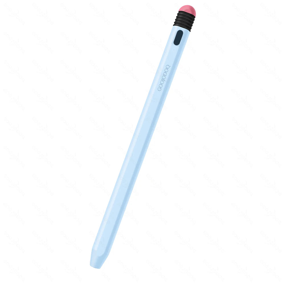 A collection of Goojodoq stylus pens with Type-C port cases in various colors displayed alongside a smartphone.