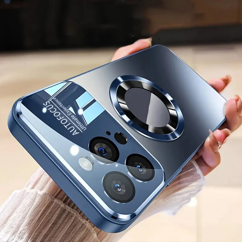 Blue phone case with camera module held by a person