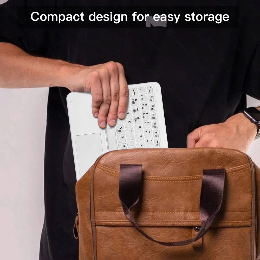 Person holding a white keyboard with a brown leather bag, text 'Compact design for easy storage'.