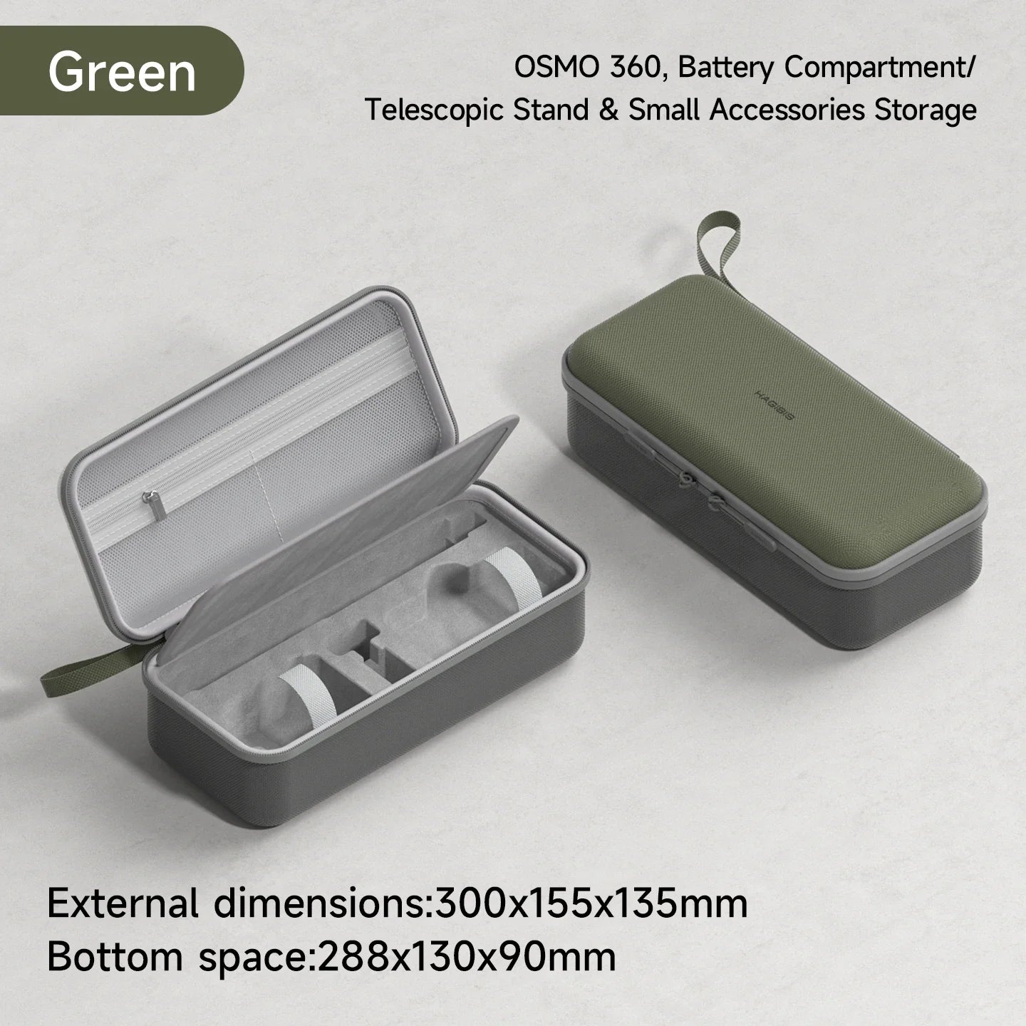 Green carrying case with open compartment on a light gray background