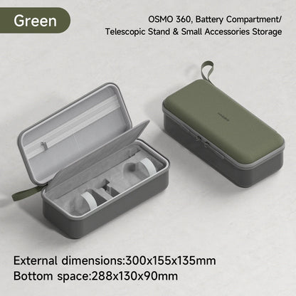 Green carrying case with open compartment on a light gray background