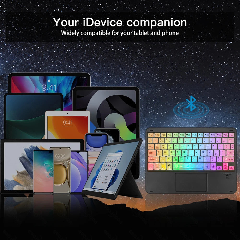 Colorful keyboard with Bluetooth symbol on a dark background with multiple electronic devices.
