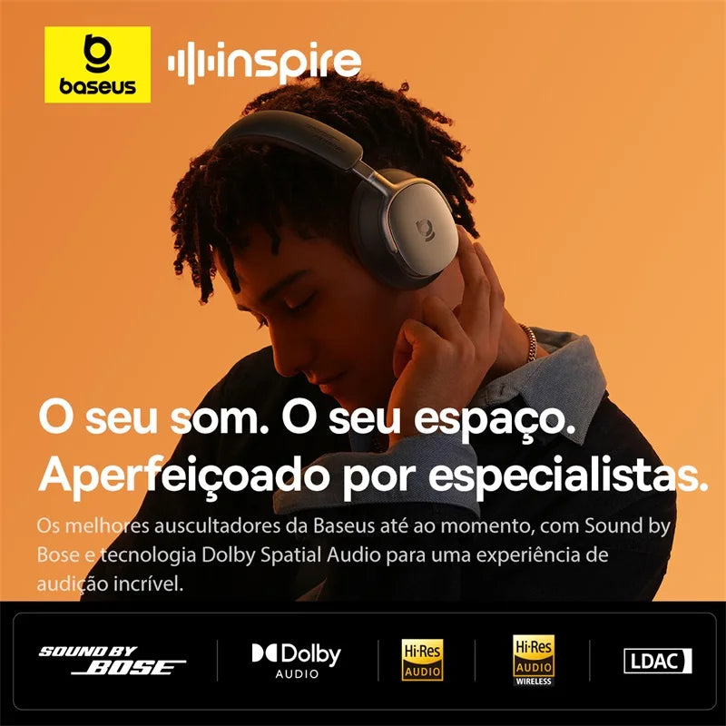 Person wearing headphones with Baseus and Dolby branding on an orange background