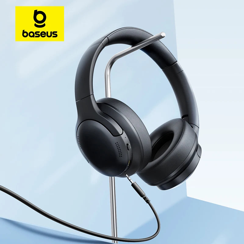 Black headphones with a baseus logo on a light blue background