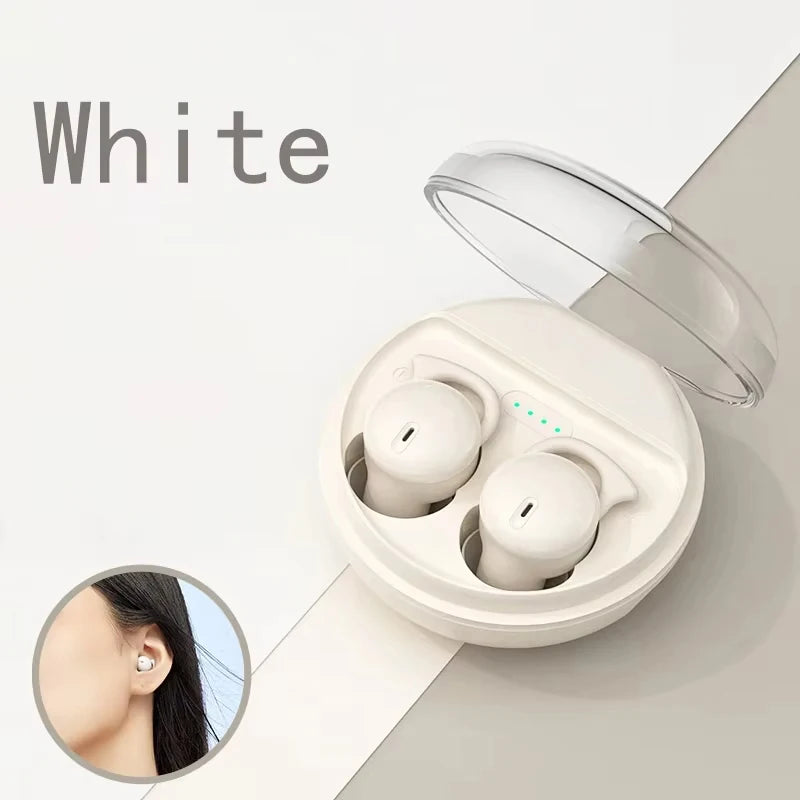 White wireless earbuds in a transparent case with 'White' text above.