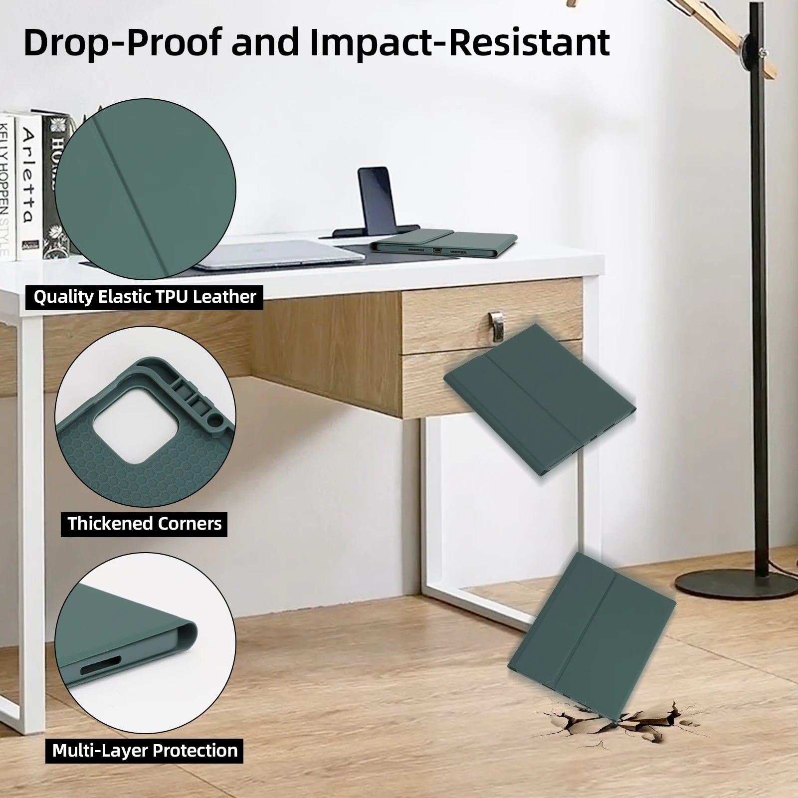 Green tablet case being dropped onto a desk to demonstrate drop-proof and impact-resistant properties.