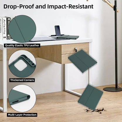 Green tablet case being dropped onto a desk to demonstrate drop-proof and impact-resistant properties.