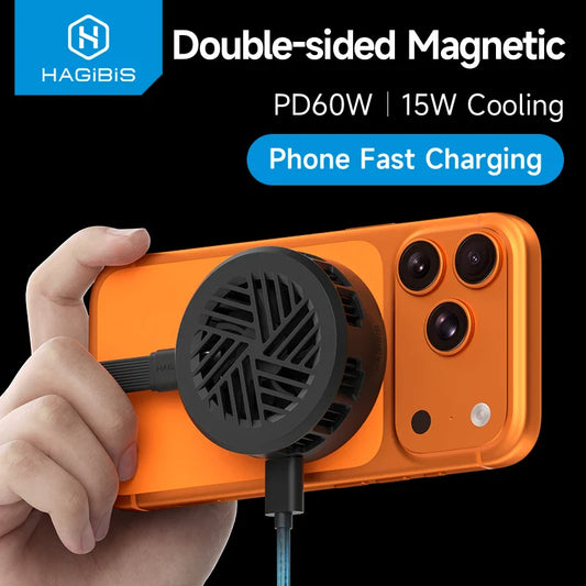 Orange phone case with magnetic attachment and cooling feature, held by a hand, on a black background with Hagibis branding.