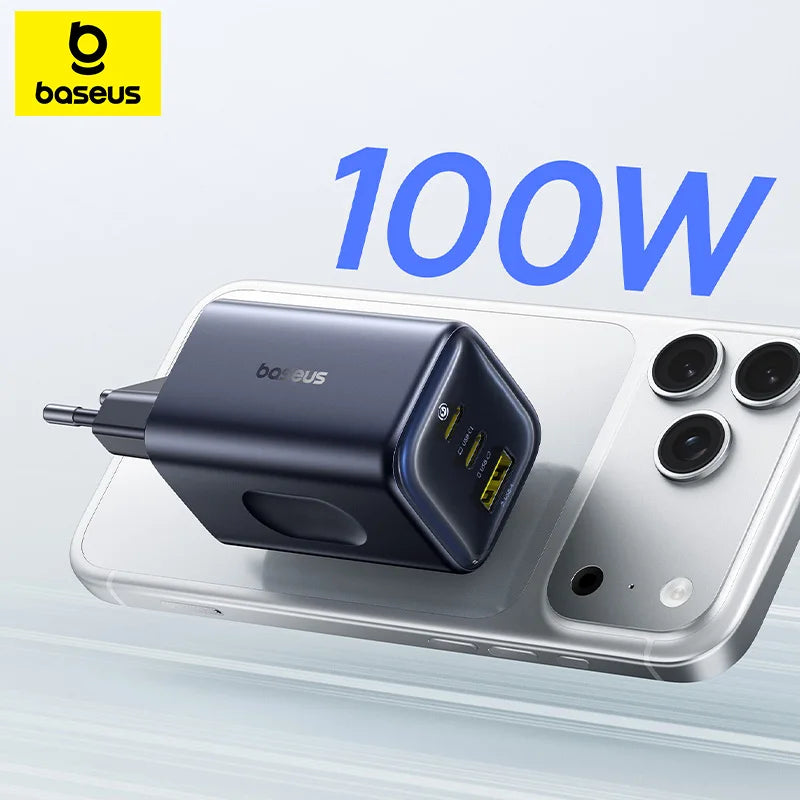 Baseus power adapter with smartphone on a light gray background, featuring '100W' text.