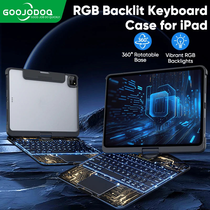 An RGB backlit keyboard case for iPad displayed in an ergonomic position with a transparent cover and colorful backlit keys, showcasing the product's features.