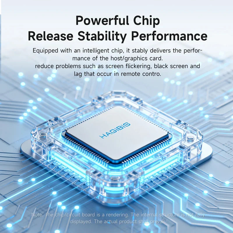 HAGIBIS chip on a circuit board with text about performance and stability.