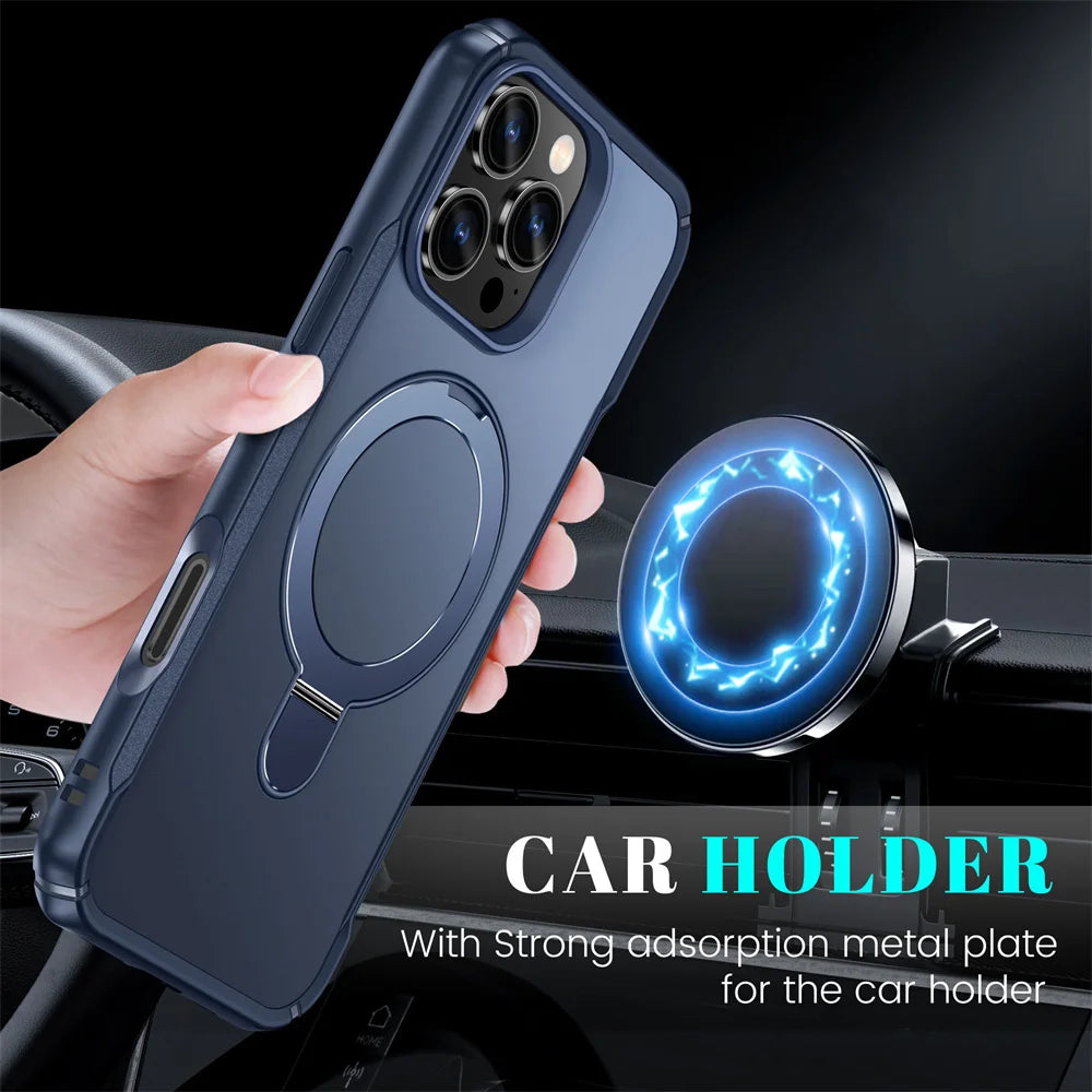 Phone case with car holder feature held by a hand, with a car interior background.