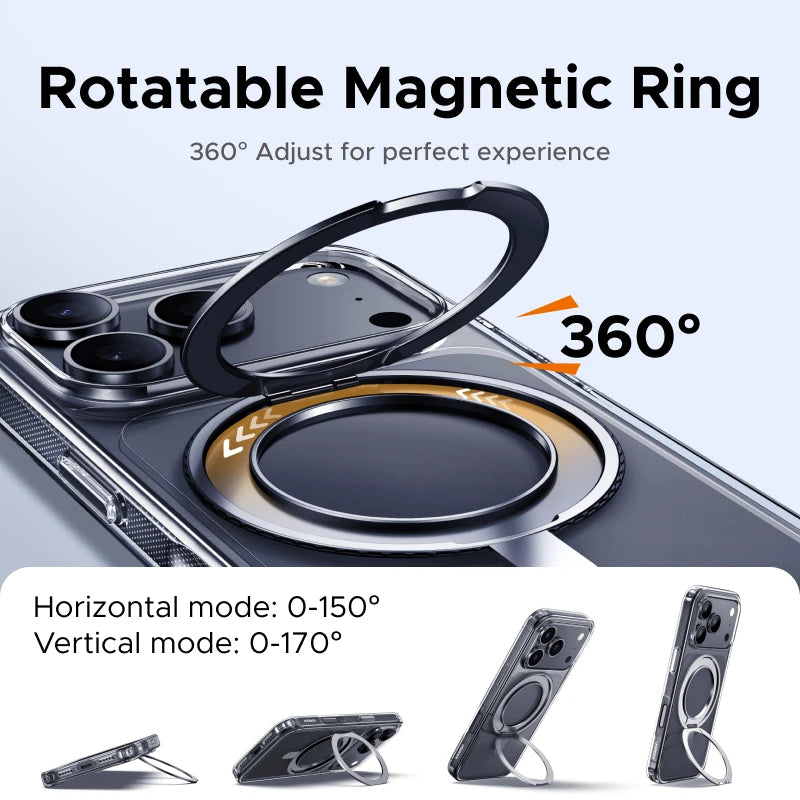 Rotatable magnetic ring with smartphone attachment on a light gray background
