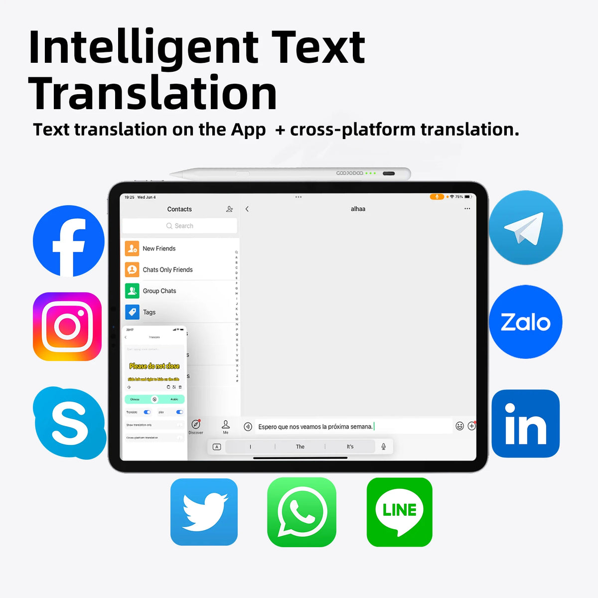 Text translation app interface with social media icons on a white background