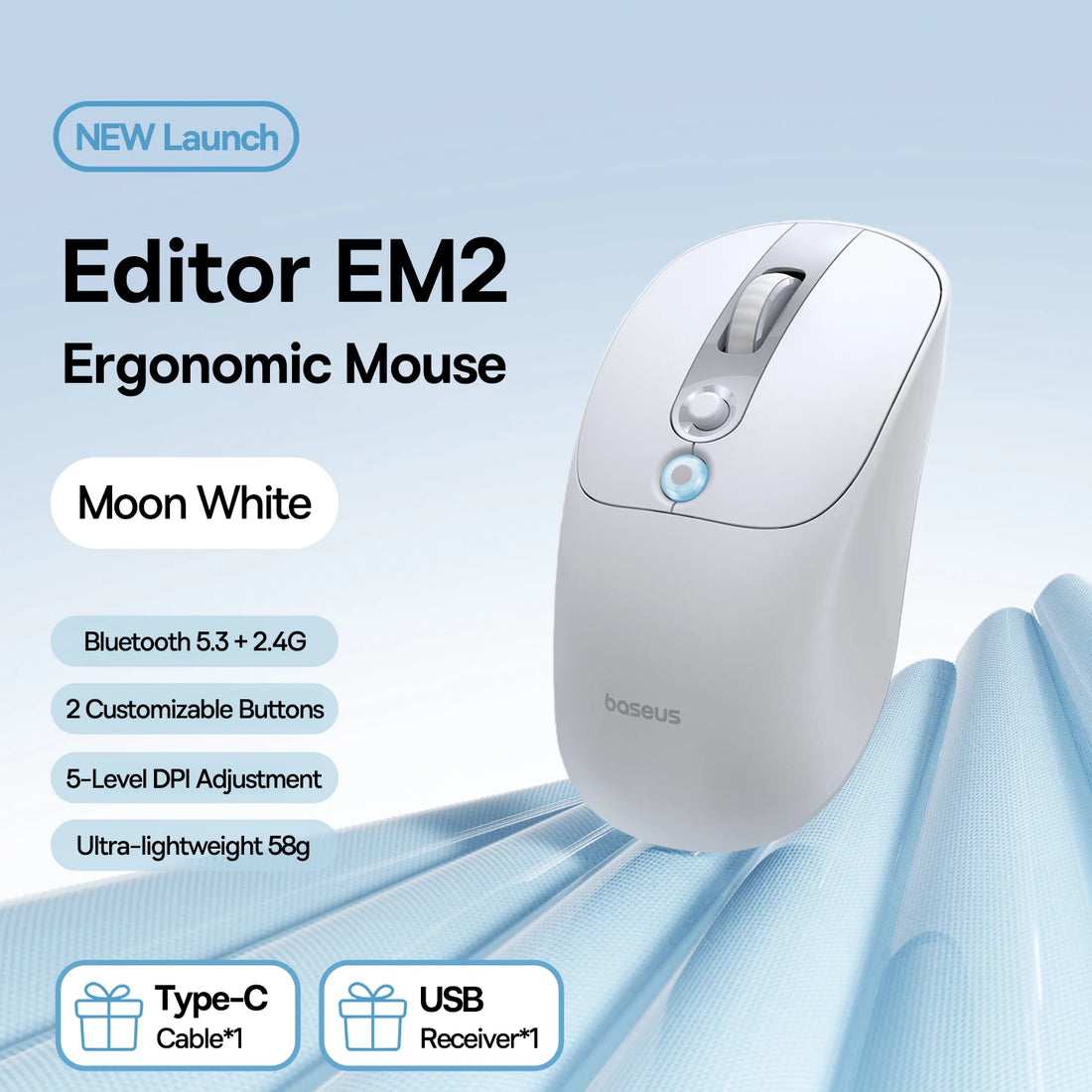 Baseus Editor EM2 ergonomic mouse in moon white color on a light blue background