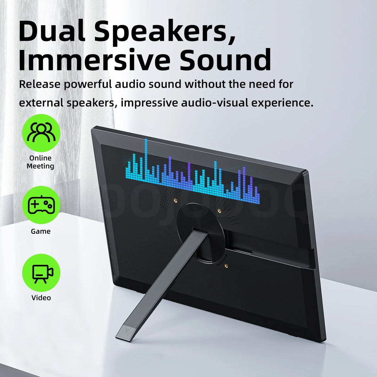 Black speaker with audio waveform display on a white surface, text about dual speakers and immersive sound.