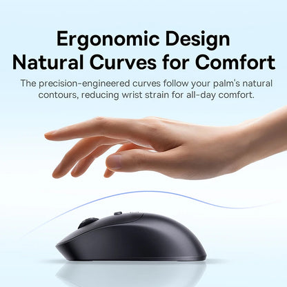 Ergonomic mouse with a hand reaching towards it on a light blue background