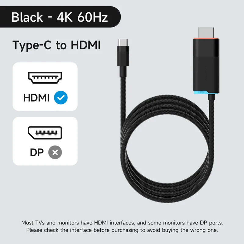Black Type-C to HDMI cable on a light gray background