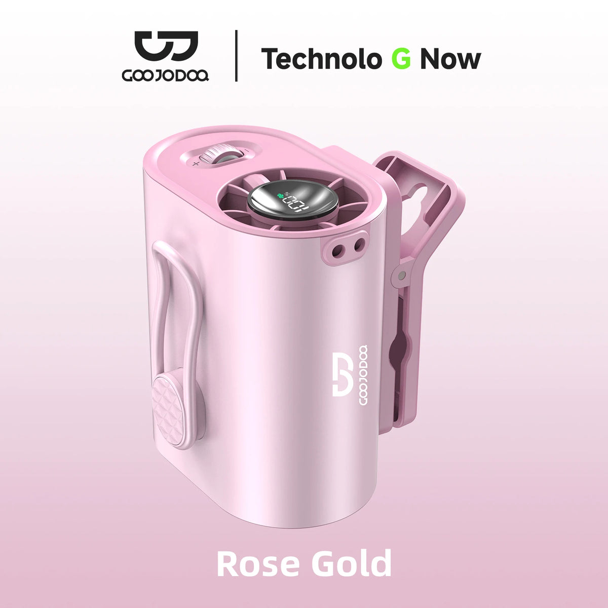 Rose gold portable device with Coojooaa branding on a light pink background