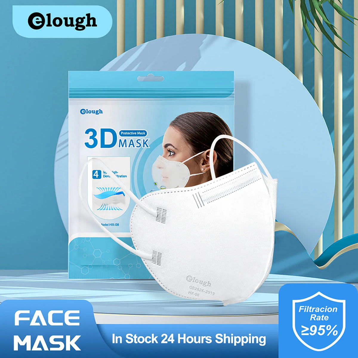 Elough 3D protective mask with packaging and a woman wearing the mask, set against a blue background.