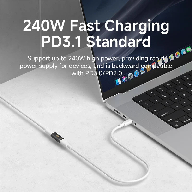 Laptop with a charging cable and text about 240W fast charging and PD3.1 standard.