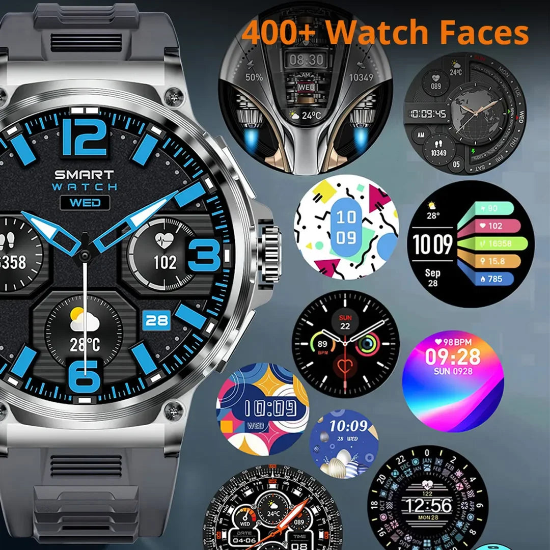 Smartwatch with various colorful watch faces displayed on a gray background